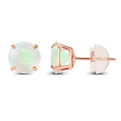 Solid 14K Yellow or White or Rose Gold 6mm Round Genuine Birthstone Gemstone Prong Set Stud Earrings For Women - color: Opal Genuine
