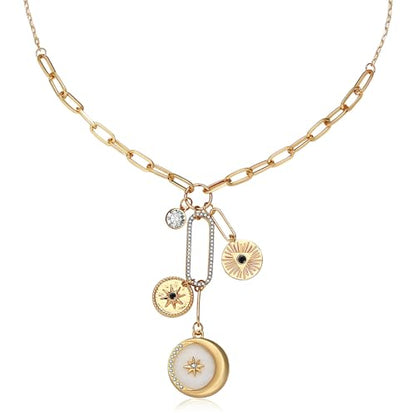 Charm Necklace for Women Gold Evil Eye Sun Moon Flower Coin Pendant Necklace Dainty Paperclip Chain Vintage Luck Amulet Choker Necklaces Celestial Jewelry Gift - style: Shell Coin, Moon