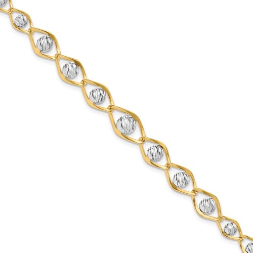 Diamond2Deal 14K Two-tone Gold Polished with Diamond-cut Beads Fancy Bracelet 7.5"