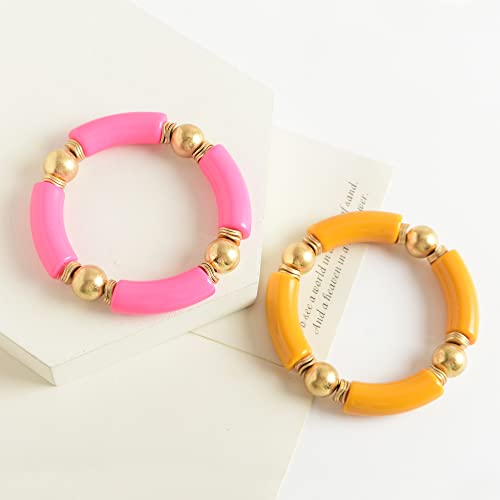 LALAPPLE Gold Plated Beaded Acrylic Bamboo Tube Bangle Bracelets for Women, Colorful Chunky Curved Tube With Gold Plated Pieces Beads Stretch Bracelet Friendship Summer Beach Jewelry - color: P-Orange&Watermelon red 2pcs