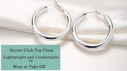 sovesi Chunky Hoop Earrings for Women, 14K Gold Plated Thick Hoops | 5mm Thick Hollow Tube Chunky Lightweight Hypoallergenic Hoop Earrings for Women - style: Silver 40MM