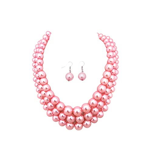 Fashion 21 Women's Faux Pearl Three Multi-Strand Statement Necklace and Earrings Set - color: Pink