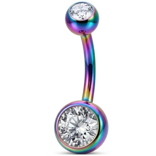 Belly Button Piercing Ring 14 Gauge Surgical Steel - color: Rainbow Clear Gem