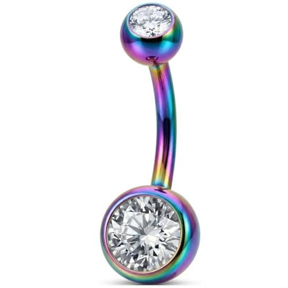 Belly Button Piercing Ring 14 Gauge Surgical Steel - color: Rainbow Clear Gem