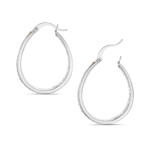 Devin Rose Oval Inside Outside Hoop Earrings for Women Faceted Sparkle Crystals - color: White