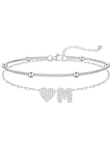 FaithHeart Initial Ankle Bracelets for Women Waterproof, Silver/Black/14k Gold Plated CZ Heart Initial Anklets Non Tarnish Stainless Steel Anklets for Women - color: Silver, size: Initial M