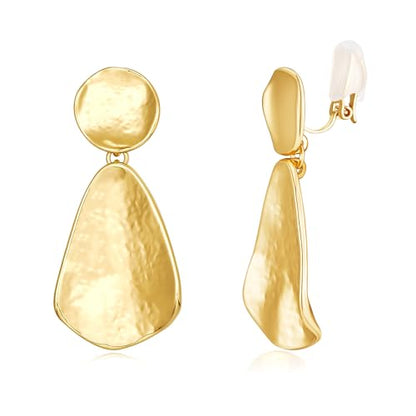 YUJIE Clip On Earrings for Women Dangle Hammered Geometric Earrings Gold Plated Jewelry - color: gold