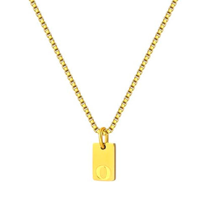 Gold Plated Square Initial Necklace Waterproof A-Z Letter Pendant on Thin Chain - Dainty, Stackable Jewelry for Women - color: Golden-O, size: F