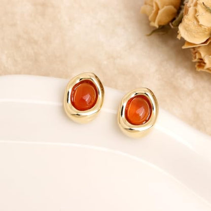 Jean Beau Chunky Gold Stone Stud Earrings for Women, Trendy Natural Gemstone Hypoallergenic Earing Valentine Jewelry Gift - color: Amber Orange