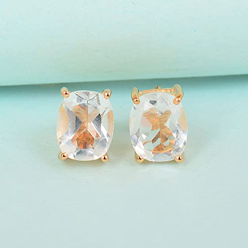 Women's 18K Gold Plated 8x10mm Princess Cut Gemstone Stud Earrings – Birthstone Jewelry for Her – Classic Cushion Studs - color: White Quartz