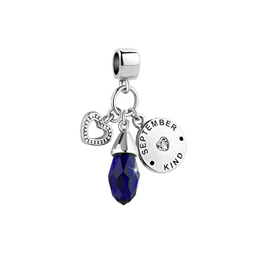 Women Charm for Bracelets Love Heart Dangle Silver Clear CZ Beads Birthstone Bracelet Charms for Daughter Women Wife, Blue Pink Clear - style: SEPTEMBER
