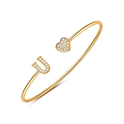 Gold Bracelets for Women Teen Girls, 14K Gold Plated Initial Heart Bangle | Adjustable Open Cuff Bracelet, Dainty Letter Jewelry, Daughter Sister Bridesmaid Friend, Birthday Christmas Graduation Gift - color: U