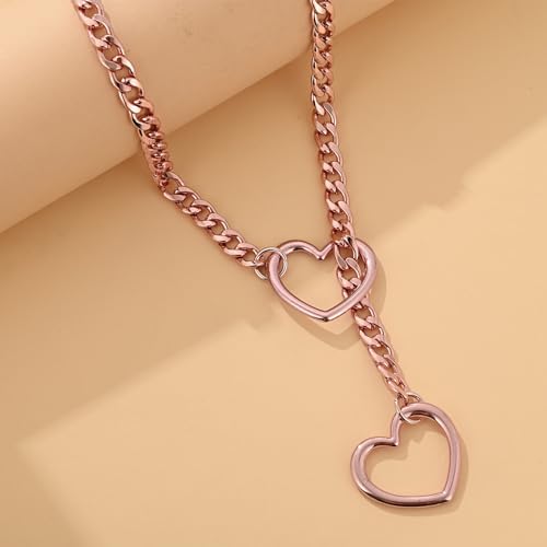 MIFYNN Heart O ring Slip Chain Necklaces for Women Stainless Steel Cuban Chain Bar Necklace Punk Rock Collar Necklace Handmade Adjustable Lariat Y Necklaces for Men - color: Pink
