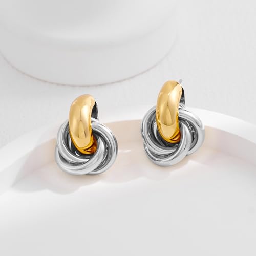 Gold Geometric Drop Dangle Earrings for Women Chunky Trendy Knot Stud Small Twisted Link Earring Jewelry Gift - color: A-Small Flower-mix metal