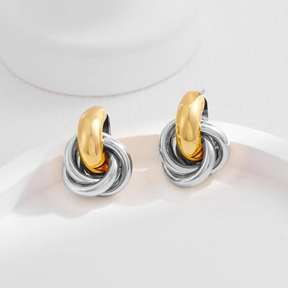 Gold Geometric Drop Dangle Earrings for Women Chunky Trendy Knot Stud Small Twisted Link Earring Jewelry Gift - color: A-Small Flower-mix metal