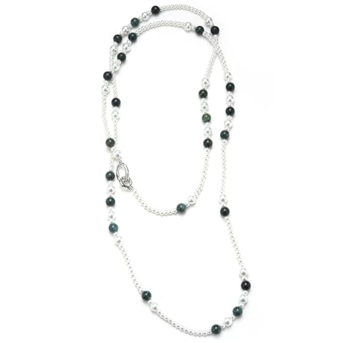 Long Beaded Necklaces for Women Pearl Stone Bead Strand - Layered Sweater Chain Elegant Mother's Day Jewelry Gifts - color: White&Green