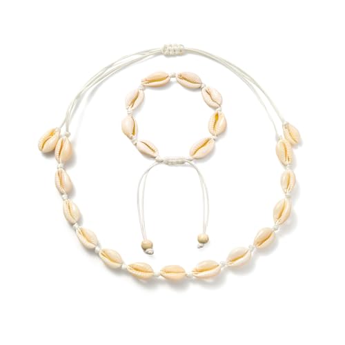 Starain 2Pcs Shell Necklace Anklet for Women Handmade Adjustable Puka Beach Shell Necklace Set - color: B-White