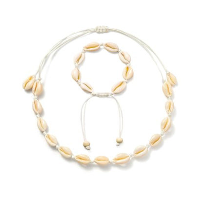 Starain 2Pcs Shell Necklace Anklet for Women Handmade Adjustable Puka Beach Shell Necklace Set - color: B-White