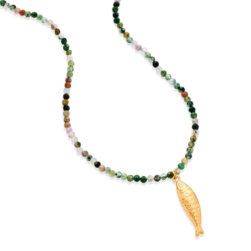Boho Fish Necklace for Women - Blue Natural Stone Fish Pendant Necklace, Bohemian Beach Jewelry Colourful Jewelry for Summer Vacation - color: Army green