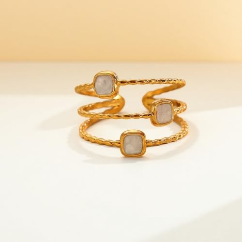 Layered Open Statement Ring Enamel Square Geometric Rings for Women Stainless Steel 18K Gold Plated Adjustable Finger Bands Stackable Comfort Fit Wedding Engagement Fashion Jewelry - color: White