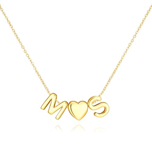 adoyi Initial Necklaces for Women 14k Gold Plated Layered bubble Letter Necklace Dainty Heart A-Z Pendant Necklace Initial Necklaces Stack Birthday Gifts for Women Jewelry - color: Gold-Heart, style: M+S
