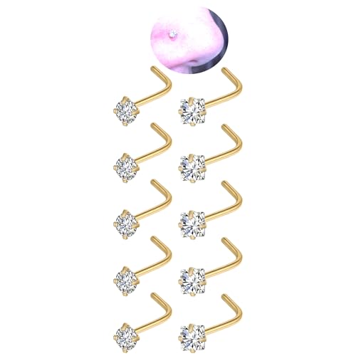 20G Nose Rings Studs for Women Corkscrew Sliver Nose Studs Hypoallergenic Nose Rings 316L Stainless Steel Nose Nostril Percing Jewely for Women Men Round Square CZ Imitation Diamond 1.5mm/2.0mm/2.5mm/3.0mm - style: 20G-L-Shape-gold-3.0mm