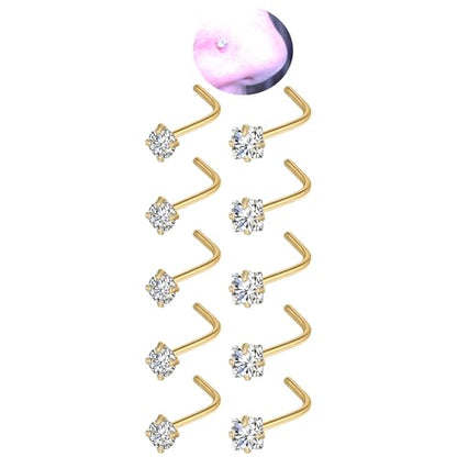 20G Nose Rings Studs for Women Corkscrew Sliver Nose Studs Hypoallergenic Nose Rings 316L Stainless Steel Nose Nostril Percing Jewely for Women Men Round Square CZ Imitation Diamond 1.5mm/2.0mm/2.5mm/3.0mm - style: 20G-L-Shape-gold-3.0mm