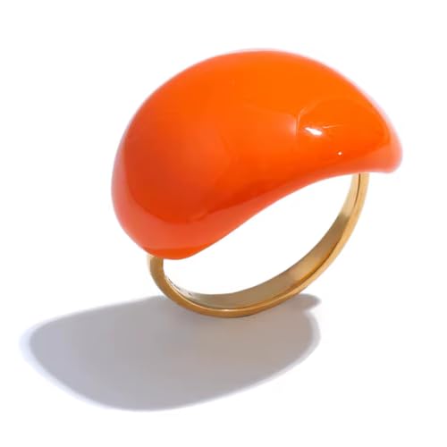 Mchic Chunky Rings for Women, Colorful Enamel Dome Statement Cocktail Ring | 18K Gold Plated Stainless Steel Adjustable Open Band, Puffy Bold Smooth Design for Thumb or Finger, Cute Fashion Jewelry Gift - color: orange