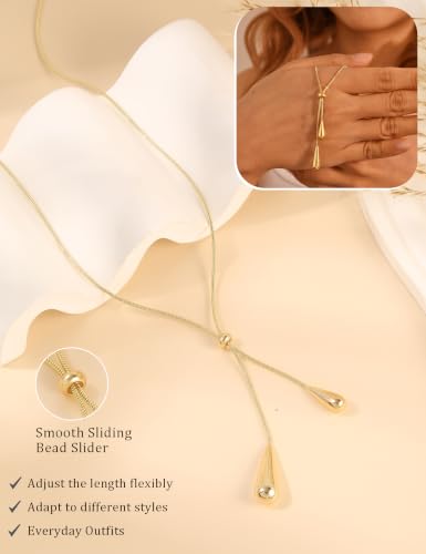 Lariat Gold Silver Necklace for Women Long Dainty Y Necklace 14k Gold Plated Drop Chunky Necklace Trendy Clover Heart Cross Teardrop Cz Pendant Statement Simple Adjustable Jewelry Gift - color: Gold- Water droplet