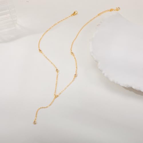 CAROVO Gold Necklace for Women Dainty Long Necklace 14K Gold/Silver Lariat Y-Shaped Pendant Necklaces Trendy Layered Lip Cubic Zirconia Beaded Chain Drop Necklaces Jewelry for Women Gifts - color: Gold, style: E: Gold Y Necklace CZ-774