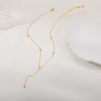 CAROVO Gold Necklace for Women Dainty Long Necklace 14K Gold/Silver Lariat Y-Shaped Pendant Necklaces Trendy Layered Lip Cubic Zirconia Beaded Chain Drop Necklaces Jewelry for Women Gifts - color: Gold, style: E: Gold Y Necklace CZ-774