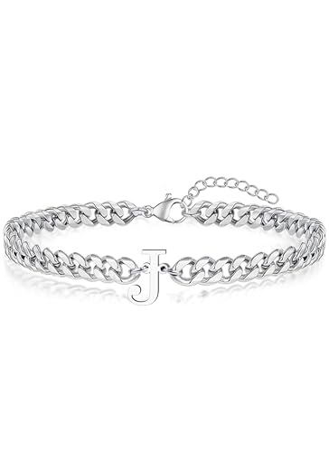 Initial Bracelet Matching Couple Bracelets Silver Letter A-Z Stainless Steel Cuban Link Chain Mens Bracelets Christmas Birthday Gifts for Men Women Him Teens Best Friends Husband Dad Son - color: J