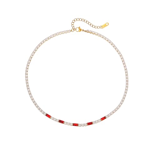 Tennis Necklaces for Women 18K Gold Plated White Red Green Blue Cubic Zirconia Necklaces Dainty Rhinestone Choker Necklaces Trendy Faux Diamond Tennis Chain 3mm - color: Red Tennis Choker-Gold