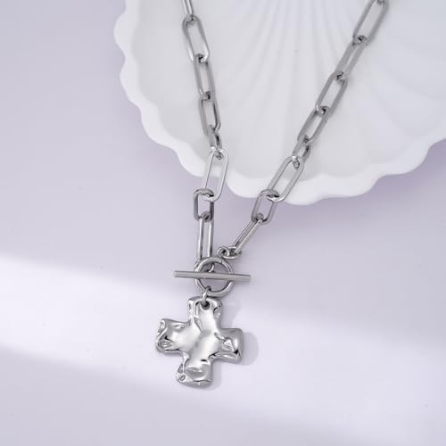 Chunky Cross Necklace for Women Trendy 14K Gold Silver Plated Statement Big Cross Pendant Paperclip Chain Charm Necklaces Religious Faith Easter Basket Stuffers Baptism Costume Jewelry Gift - color: White Gold-Toggle-1 inch pendant