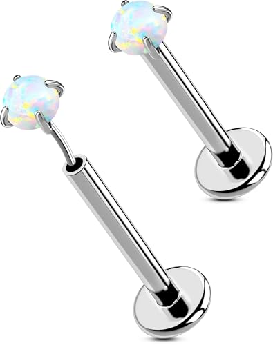 OUFER 2PCS 16G/20G Nose Lip Studs, G23 Solid Titanium Threadless Push in Nose Nostril Lip Labret Medusa Monroe Helix Cartilage Tragus Conch Lobe Piercing Jewelry for Women Men - color: Silver bar, Claw Opal, size: 2pcs, 16g 10mm, 2.5mm Opal