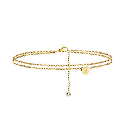 Ankle Bracelets for Women, 14K Gold Plated Dainty Layered Heart Initial Anklets for Women Gifts - style: J