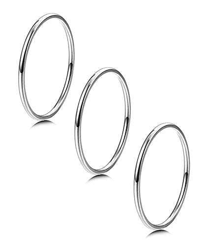 LOYALLOOK 3Pcs 1mm Thin 14K Gold Filled Stackable Rings For Women Non Tarnish Stainless Steel Plain Stacking Knuckle Thumb Pinky Statement Band Midi Rings Comfort Fit Size 3 to 10 - color: silver tone