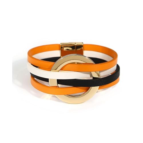 hotoo Circle Charm Bracelets for Women Handmade Leather Wrap Bracelets for Couples Friendship Bracelet Bohemian Cuff Bangle Boho Jewelry Gift - color: New Orange