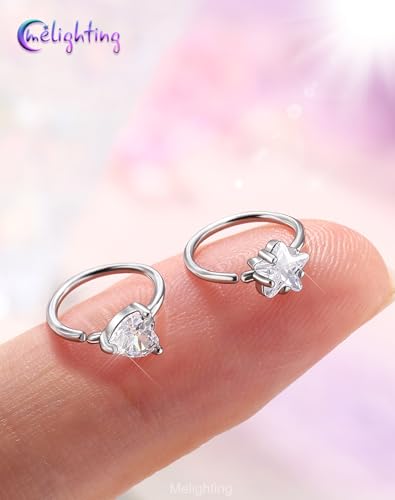 Melighting 20G Seamless Open Nose Rings Set, Star &Heart Nose Ring Hoop Clear CZ, 316L Stainless Steel Jewelry Set for Nostril Septum Cartilage Helix Piercing 8 mm - style: Style1