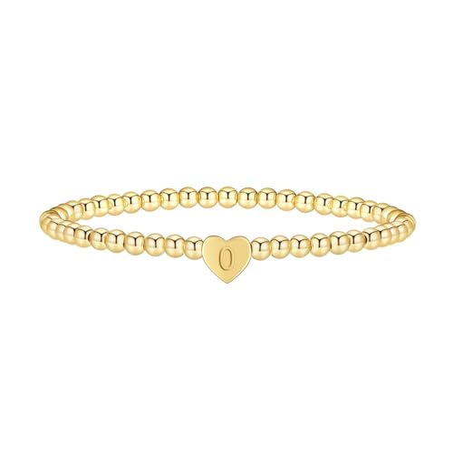 Beaded Bracelets for Women Dainty Beaded Heart Initial Bracelets Letter A-Z Charm Stretch Bead Ball Bracelet Trendy Jewelry Gifts - style: Gold-O