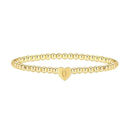 Beaded Bracelets for Women Dainty Beaded Heart Initial Bracelets Letter A-Z Charm Stretch Bead Ball Bracelet Trendy Jewelry Gifts - style: Gold-O