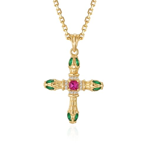 Fettero Cross Necklace for Women Faith Pendant 14K Plated Dainty Chain Necklaes Minimalist Simple Tiny God Lords Prayer Religious Jewelry - style: Emerald snake-head