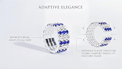Sparkling Rhinestone Ring Set Trendy Elastic Rhinestone Crystal Stretch Ring Stackable Jewelry for Women Girls - color: 3 Rows Ring-White+Blue