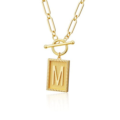 Tewiky Gold Initial Necklaces for Women, Square Letter Pendant Necklace | Toggle Clasp，Trendy 14K Gold Plated Dainty Paperclip Chain Necklaces for Women，Jewelry Gifts - style: Gold M