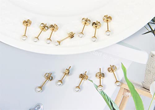 14K Gold Filled Polished Small CZ Pearl Ball Stud Earrings Set for Women Men 20G Surgical Steel Hypoallergenic Piercing Studs for Sensitive Ear, Pack of 6 Pairs - style: W : 3MM Gold Pearl Studs Set