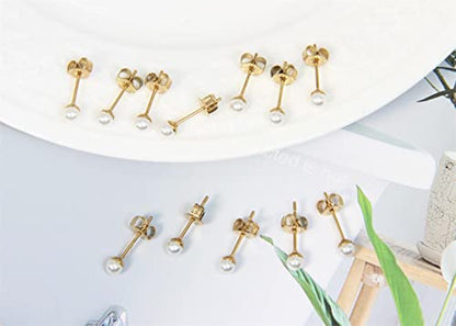 14K Gold Filled Polished Small CZ Pearl Ball Stud Earrings Set for Women Men 20G Surgical Steel Hypoallergenic Piercing Studs for Sensitive Ear, Pack of 6 Pairs - style: W : 3MM Gold Pearl Studs Set