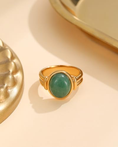 YeGieonr Gold Rings for Women Trendy Non Tarnish Chunky Gold Plated Ring, Waterproof Stainless Steel Gold Jewelry Gift - color: Green Aventurine, size: 10