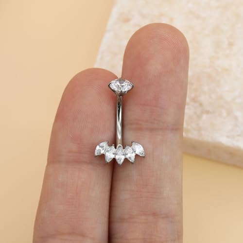 XUU Titanium Belly Button Rings 14G, Implant-Grade Navel Piercing, Luxury CZ Shape with Flower Butterfly, Hypoallergenic Curved Barbell Jewelry for Women, Gold or Silver - style: Crown-Silver