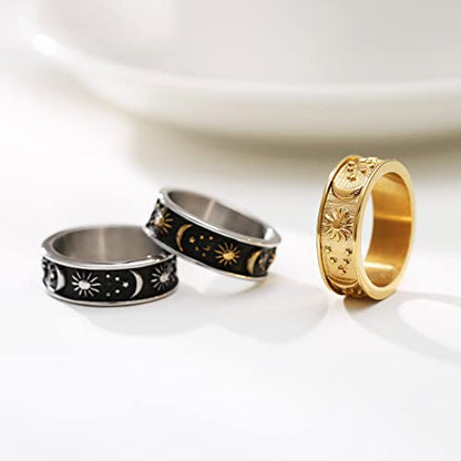 HZMAN 8mm Moon Star Sun Statement Ring Stainless Steel Boho Jewelry for Women Men - color: Three Color Moon Star Sun Ring
