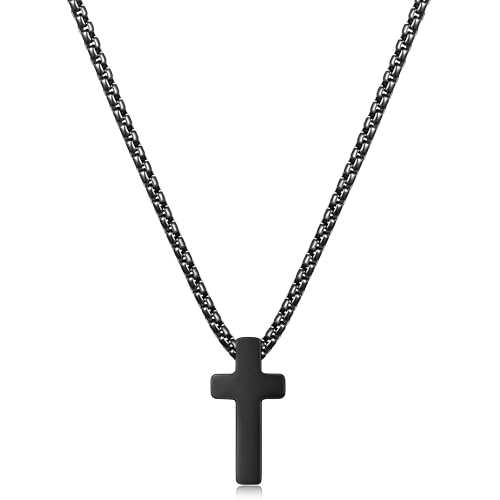 Fiusem Cross Necklace for Men, Silver/Gold/Black Mens Cross Necklaces with 2.5mm Cross Chain and Stainless Steel Cross Pendant, Box Chain 16-24 Inch, Jewelry Gift - size: 16.0 Inches, style: Tiny black cross: 0.8" * 0.4"